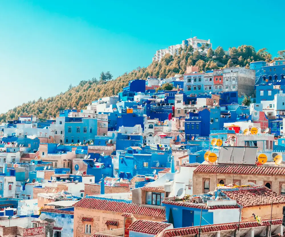 View across the blue-painted rooftops of Chefchaouen, Morocco